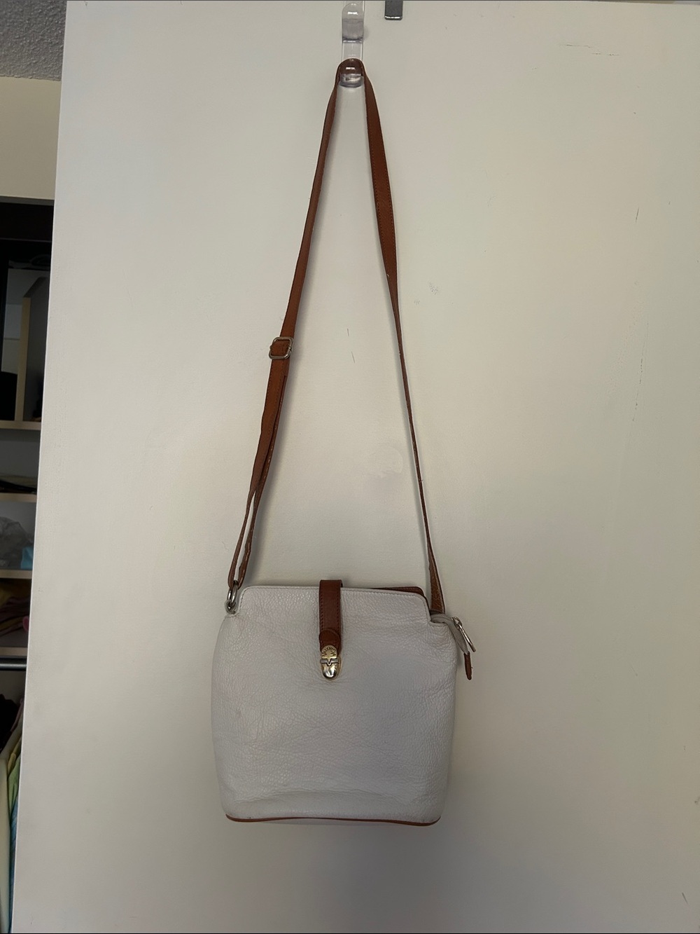 Valentina White Leather Crossbody with Brown Strap and Trim